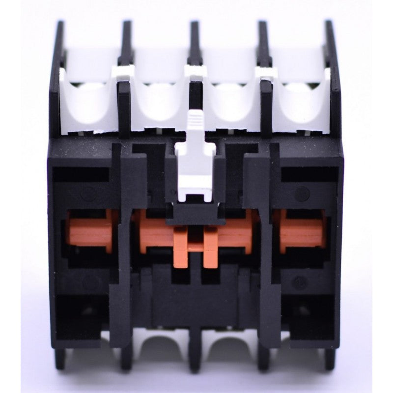 Contact auxiliar vazut din spate, mecanisme interne de comutare si sistem de prindere pe contactor