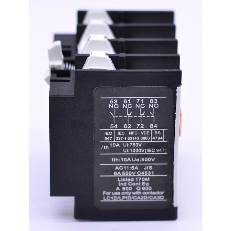 Contact auxiliar 10A 500V, eticheta cu schema electrica si standarde IEC, compatibil LC1D