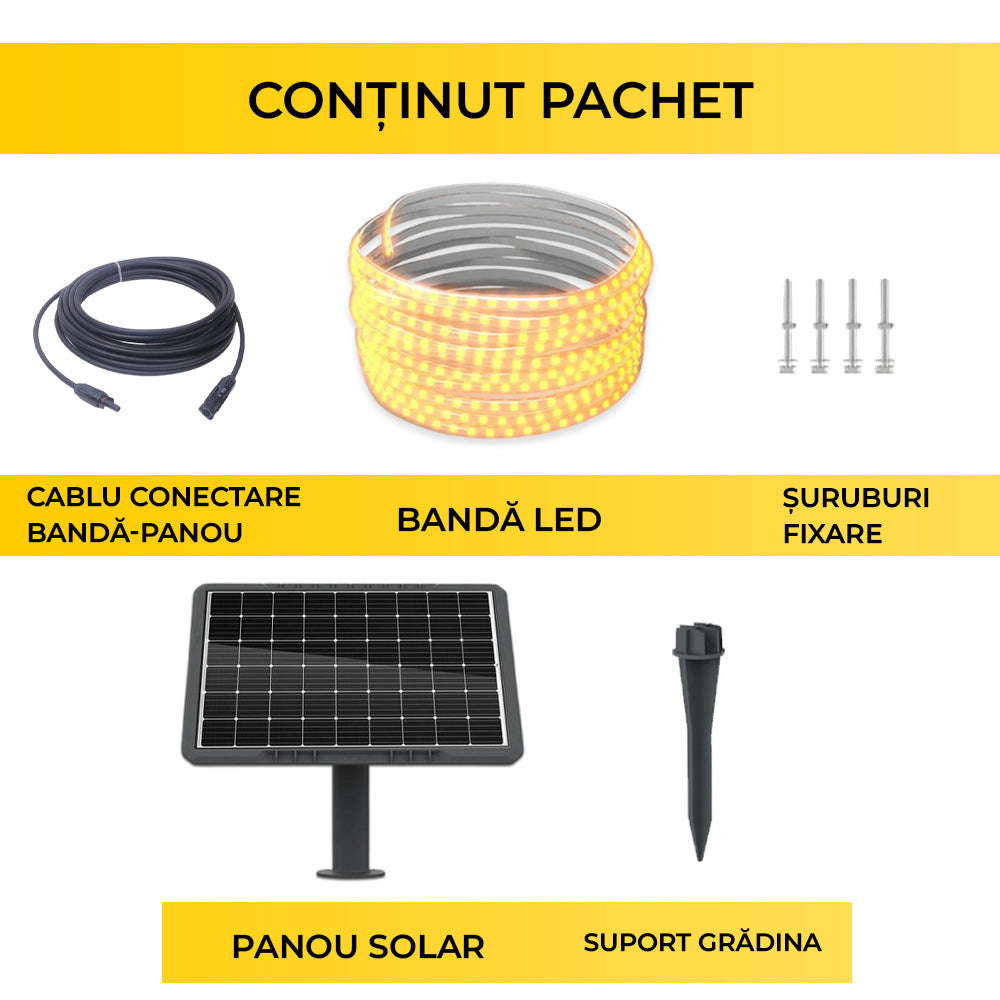 Continut pachet banda LED solara: banda 5m, panou solar, cablu conectare, suport tarus si suruburi