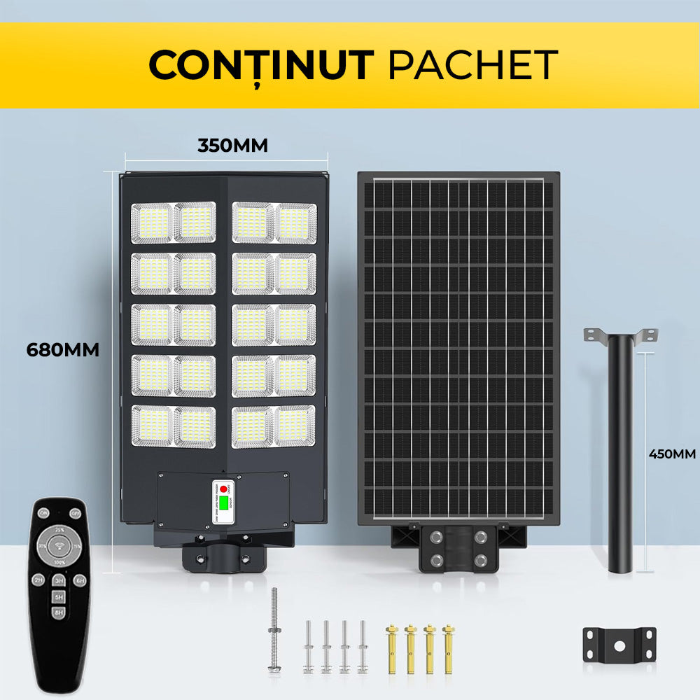 Continut pachet lampa solara 1000W: corp LED 680x350mm, panou solar, bara montaj 450mm, telecomanda si suruburi