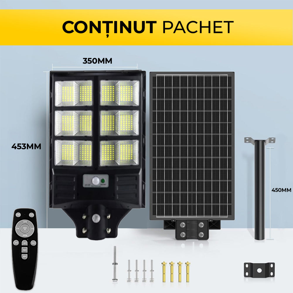 Continut pachet lampa stradala solara 600W: corp 453x350mm, panou solar, bara 450mm, telecomanda, accesorii montaj