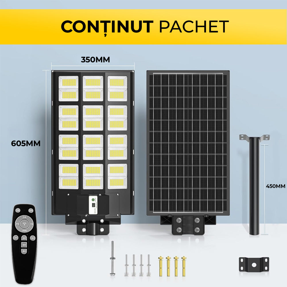 continut pachet lampa solara 800W: corp 605x350mm, panou solar, bara montaj 450mm, telecomanda, suruburi si accesorii