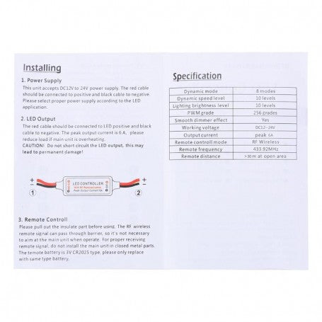 Ghid instalare controller banda LED monocolor, tensiune 5-24V, curent maxim 6A, frecventa 433.92MHz