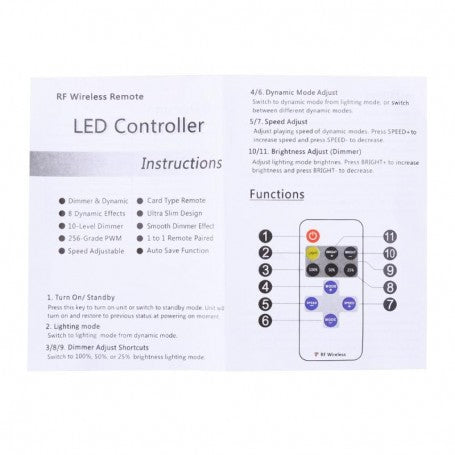 Instructiuni controller LED RF wireless cu 8 moduri dinamice, dimmer 10 niveluri si functie Auto Save