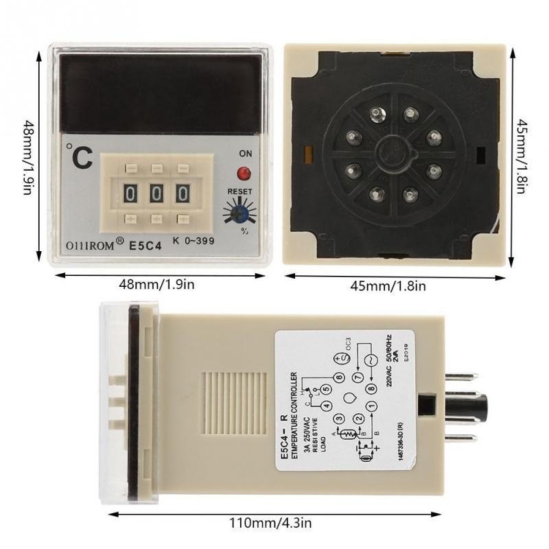 Controler temperatura dimensiuni 48x48x110mm, vedere fata, spate si lateral cu schema de conexiuni