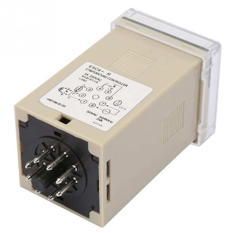 Controler temperatura vedere spate cu soclu 8 pini si eticheta tehnica 220VAC 3A