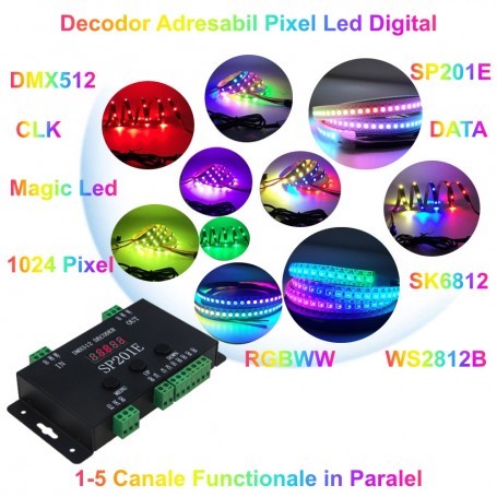 Decoder pixel LED adresabil cu suport DMX512, 1024 pixeli, 5 canale paralele, compatibil RGBWW WS2812B SK6812