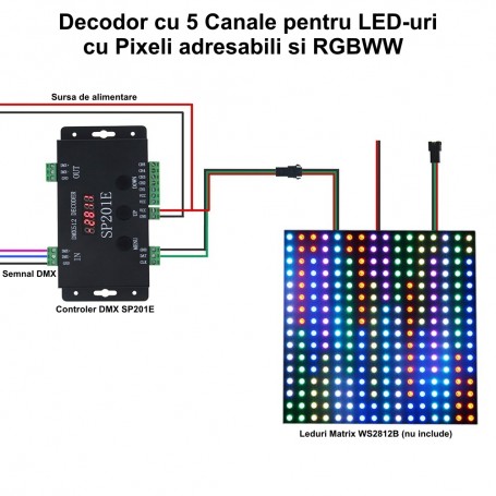 Schema de conectare decoder DMX512 cu matrice LED WS2812B pixel adresabil, 5 canale de iesire PWM