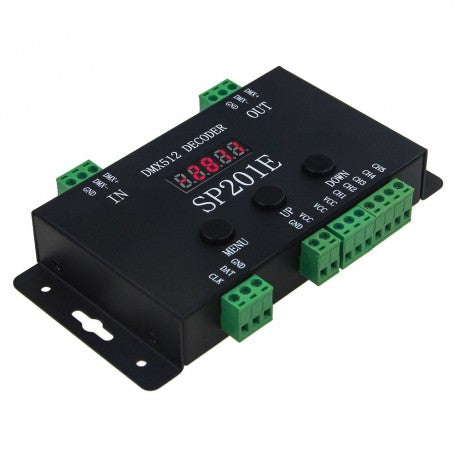Decoder DMX512 pentru benzi LED pixel adresabil, 5 canale paralele, compatibil WS2812B SK6812, carcasa metalica neagra