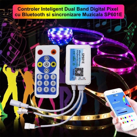 Controller LED pixel Bluetooth cu sincronizare muzicala, compatibil benzi digitale RGB multicolor