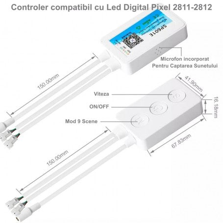 Controller LED pixel dimensiuni 67x41x16 mm, microfon integrat, 9 scene presetate, compatibil WS2812