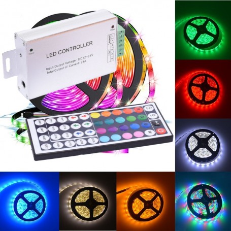 Controller RGB cu telecomanda 44 taste prezentat alaturi de benzi LED in diverse culori RGB
