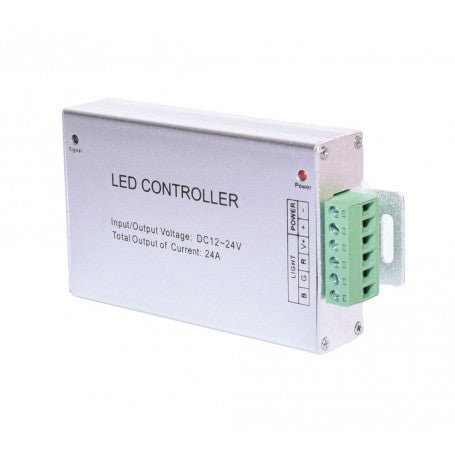 Controller RGB 24A vedere frontala, conectori terminal verde R G B V+ si indicator LED Power