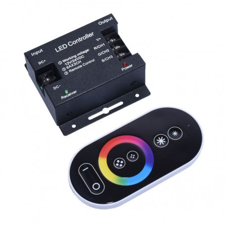 Controller RGB touch 12V/24V cu telecomanda RF 433MHz, 18A total, pentru benzi LED RGB cu 4 fire