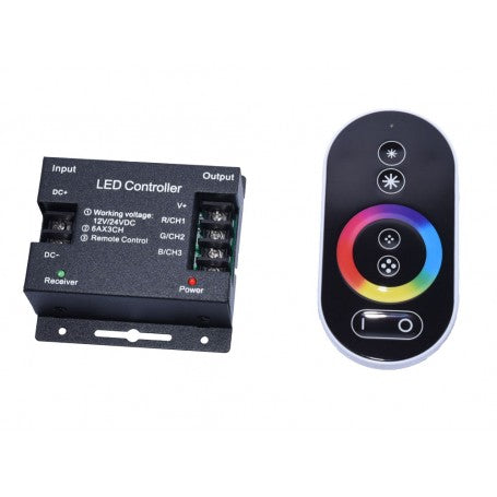 Controller LED RGB 18A si telecomanda touch RF, vedere frontala cu cleme surub si butoane