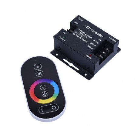 Controller RGB 12V/24V cu telecomanda touch, vedere laterala, carcasa metalica compacta