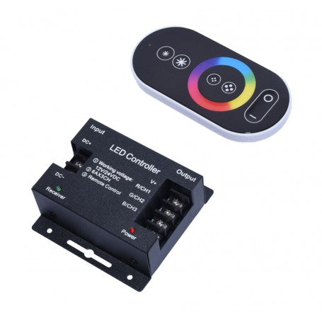 Controller LED RGB cu telecomanda touch rotunda, pozitionare comparativa controller si telecomanda