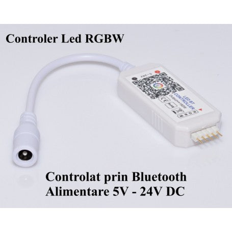 Controller RGBW Bluetooth compact, alimentare 5V-24V DC, cu conector DC si mufa 5 pini