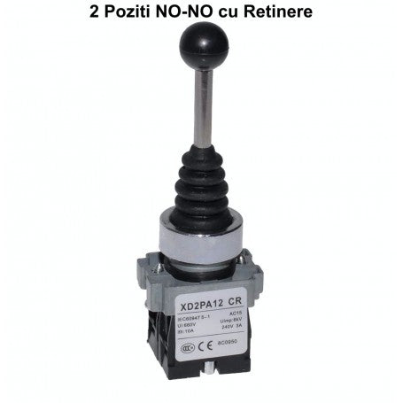 Joystick industrial 2 pozitii NO-NO cu retinere, vedere frontala cu eticheta tehnica vizibila