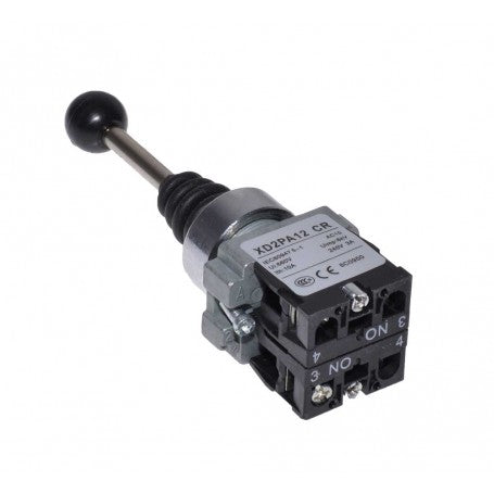 Joystick industrial cu retinere, vedere laterala cu borne de conectare NO numerotate 3 si 4