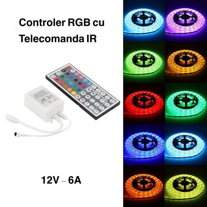 Controller RGB IR 44 taste, 12V 6A, prezentat cu banda LED aprinsa in multiple culori