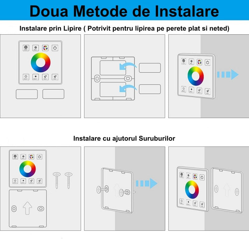 Doua metode de instalare panou touch RGB: lipire adeziva pe perete sau fixare cu suruburi