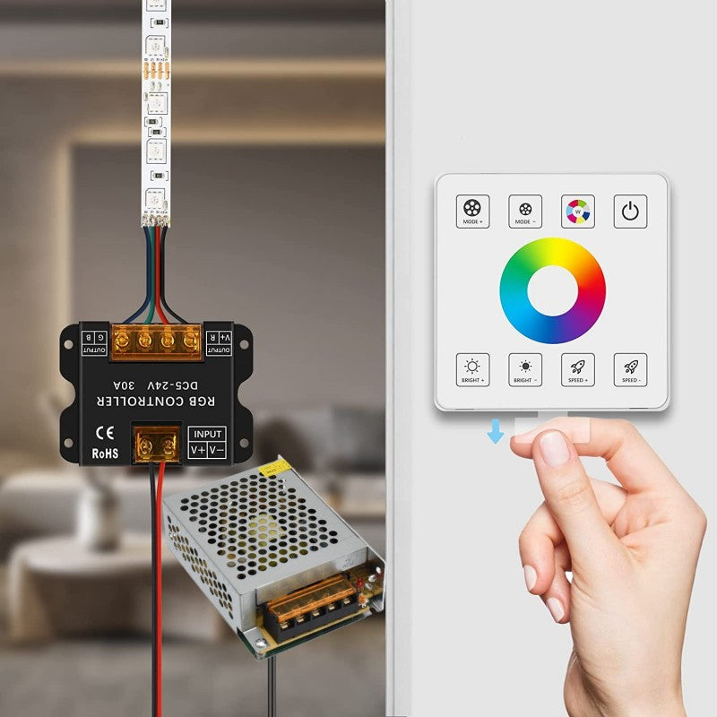 Receptor RGB 30A DC 5-24V conectat la banda LED si sursa, cu panou touch RF pe perete
