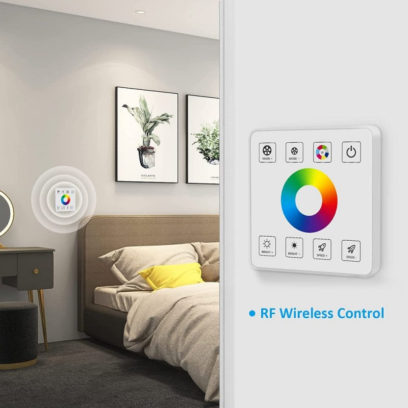 Panou touch RGB montat pe perete in dormitor, control wireless RF pentru banda LED