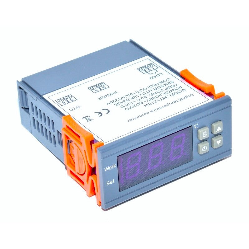 Controller temperatura digital vedere laterala, afisaj LED albastru, butoane de setare, montaj panou