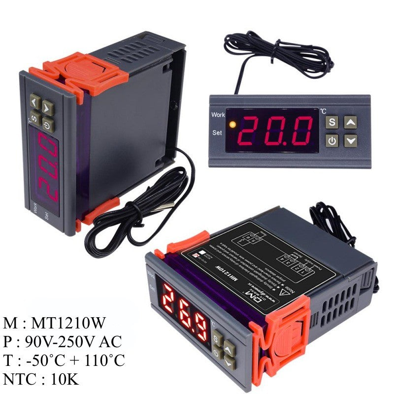 Controller temperatura digital cu afisaj LED rosu, gama -50°C +110°C, senzor NTC inclus, vedere multipla