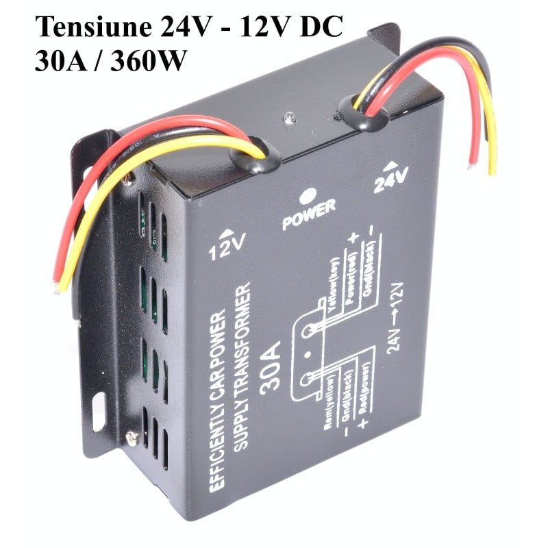 Convertor auto 24V-12V DC 30A cu schema de conectare vizibila pe carcasa, vedere laterala