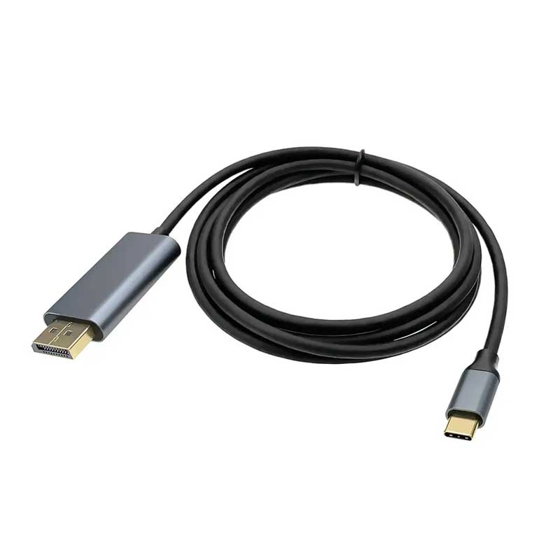 Cablu USB-C la DisplayPort 4K rulat, cu conectorul DisplayPort si USB-C in prim-plan