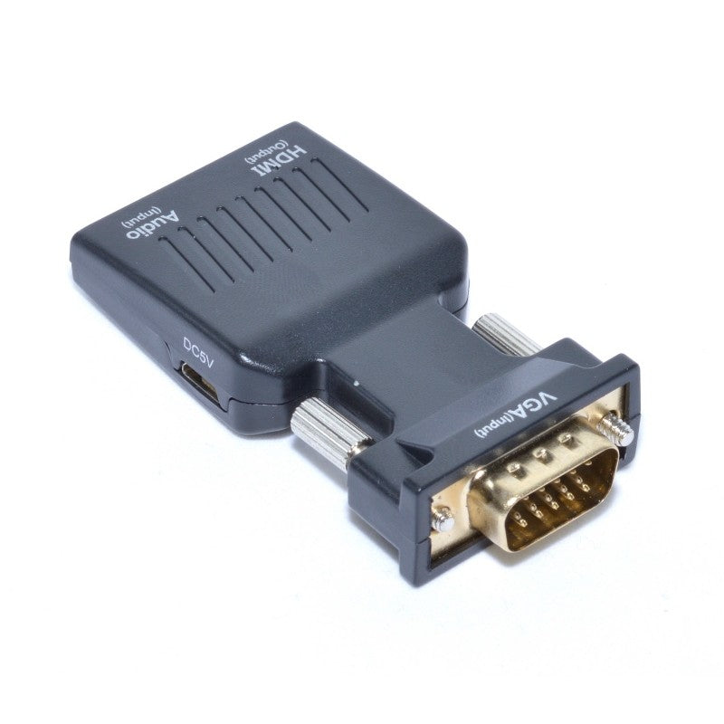 Convertor VGA-HDMI vazut din spate, cu mufa VGA tata aurita si port micro USB pentru alimentare 5V