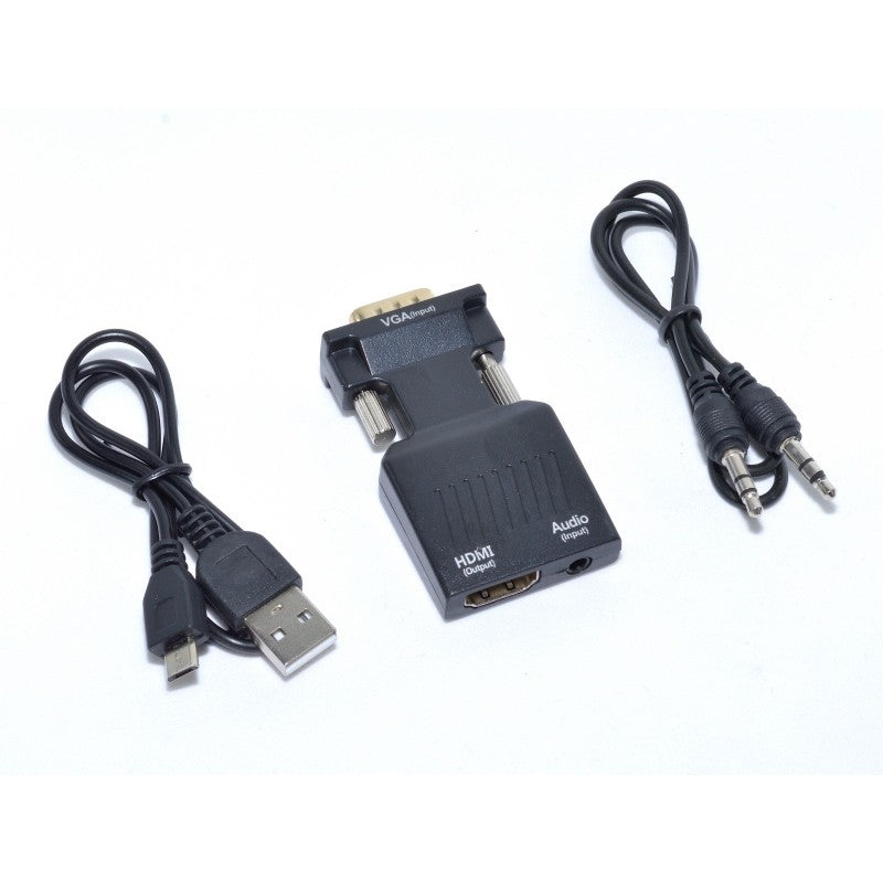 Kit complet convertor VGA-HDMI: adaptor, cablu USB alimentare si cablu audio jack 3.5mm incluse