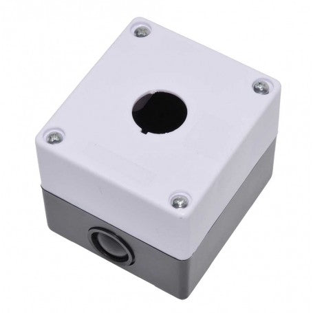 Cutie protectie buton 22mm IP54, vedere laterala cu intrare cablu si capac alb cu suruburi