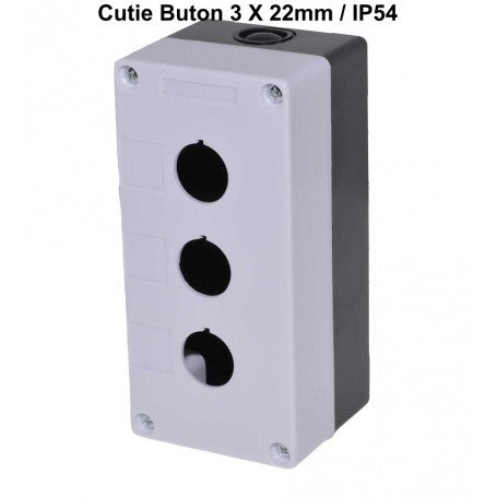 Cutie buton 3x22mm IP54 vazuta frontal, 3 orificii aliniate vertical pentru montaj butoane push