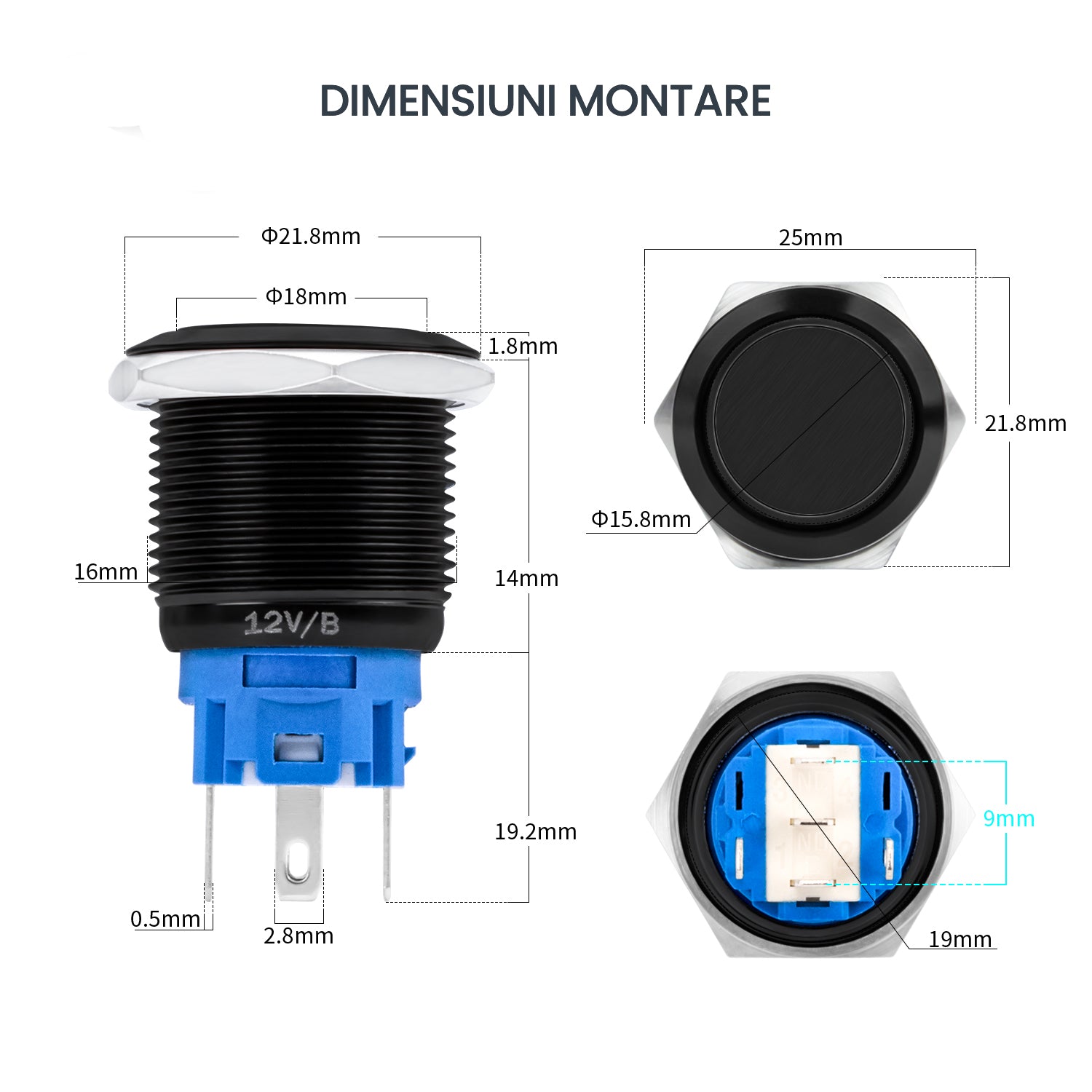 Buton push 19mm dimensiuni montare: diametru gaura 19mm, lungime totala 35mm, pini faston 2.8mm