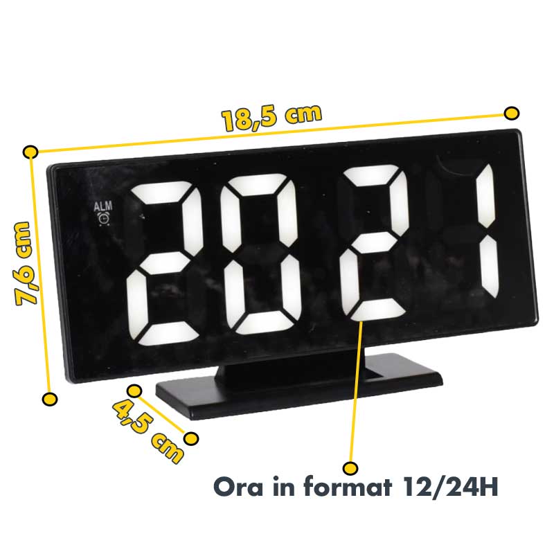 Ceas digital LED cu dimensiuni 18,5x7,6 cm, format ora 12/24H, display oglinda negru