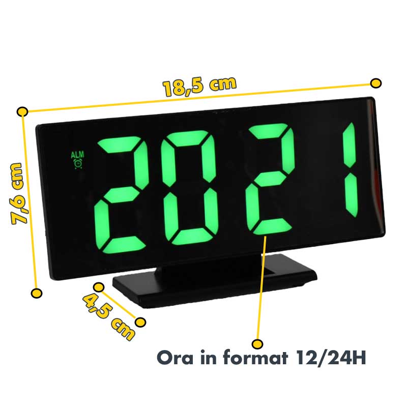 Ceas LED verde cu dimensiuni afisate: 18.5x7.6 cm, format ora 12/24H