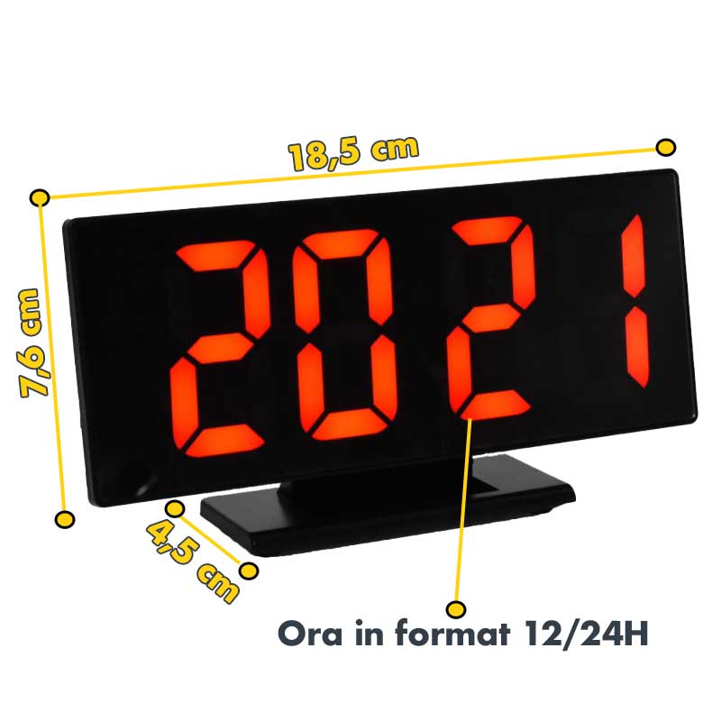 Ceas LED rosu cu dimensiuni 18,5x7,6 cm, afisaj ora format 12/24H pe ecran oglinda