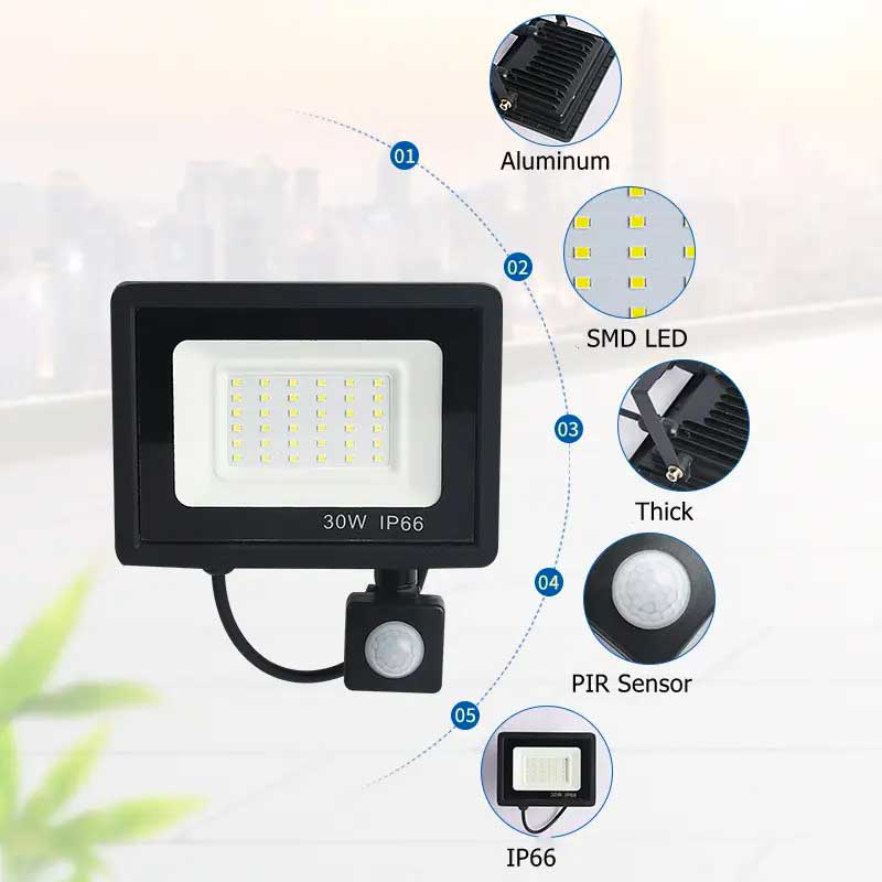 Proiector LED cu senzor PIR, detalii constructive: aluminiu, chip-uri SMD, protectie IP66