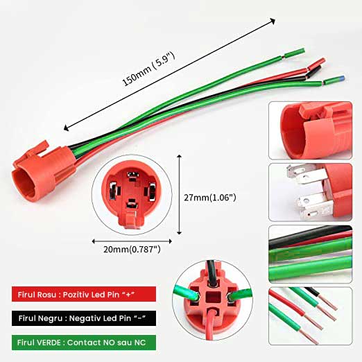 Conector rapid 150mm pentru buton metalic 19mm, cu fire colorate pozitiv negativ si contact NO NC