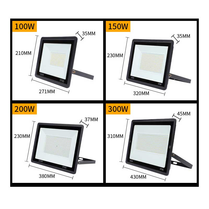 Proiector LED exterior IP66 in variante de 100W, 150W, 200W si 300W cu dimensiuni comparative