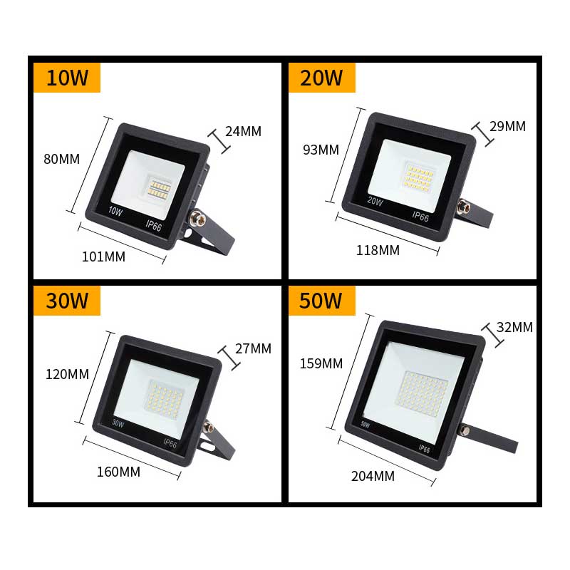Proiector LED SMD IP66 disponibil in puteri de 10W, 20W, 30W si 50W cu dimensiuni detaliate