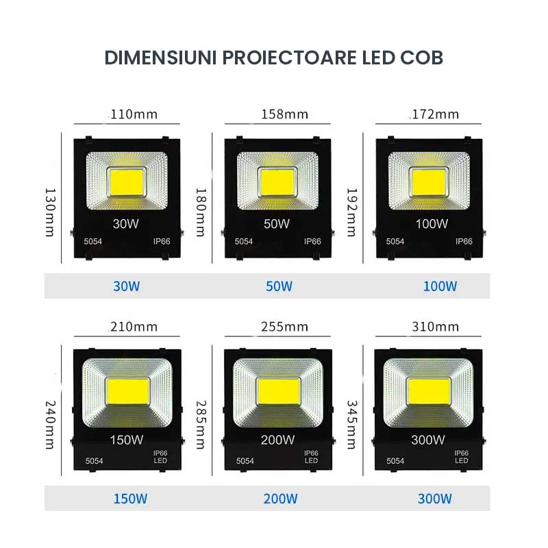 Dimensiuni comparative proiectoare LED COB 30W-300W, model 100W cu gabarit 172x192mm