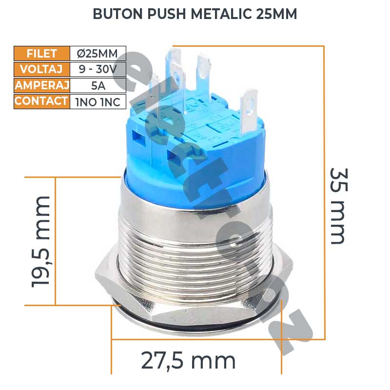Buton push 25mm dimensiuni: filet 25mm, inaltime 35mm, voltaj 9-30V, amperaj 5A