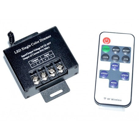 Dimmer LED monocrom 20A DC12-24V cu telecomanda RF, vedere frontala cu borne Input Output vizibile