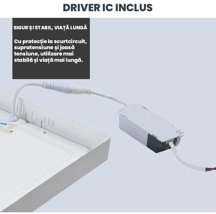 Driver IC inclus pentru aplica LED patrata aparenta, cu protectie la scurtcircuit si supratensiune