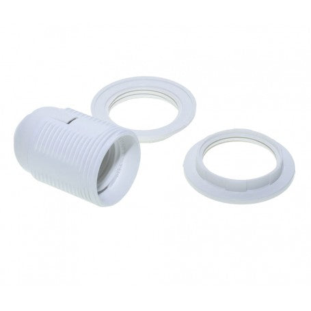 Dulie E27 cu fusta si doua inele de fixare, componente albe din plastic ignifug