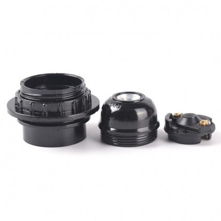 Dulie E27 negru demontata, cele 3 componente separate: corp, inel de fixare si capac cu borne